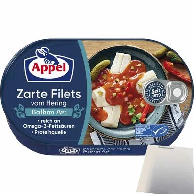Produktbild von Appel zarte Filets vom Hering Balkan Art (200g Dose) + usy Block