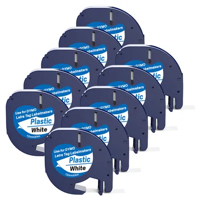 Produktbild von Boxstuff - Dymo LetraTag 91201 - S0721610 - Etikettenband - Schwarz auf weißem Kunststoff - 12 mm x 4 m - 10 Stück