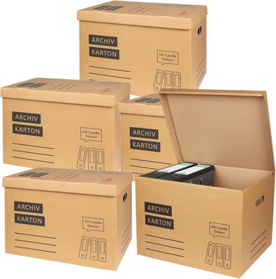 Produktbild von 5x Archivkarton Aktenkarton Aktenordner mit Klappdeckel und Boden - für je 5 große A4 Ordner zur Aufbewahrung Organisation Transport Archivschachtel