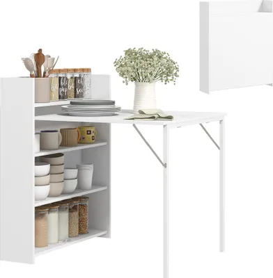 A white folding kitchen table with shelves attached to the side, displaying kitchenware and food items.