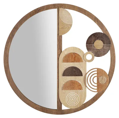 Obrázok produktu pre Kruhové nástenné zrkadlo z dreva s geometrickými intarziami, 80 cm