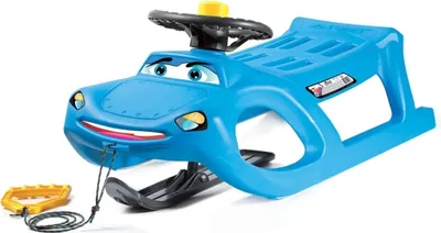 A blue plastic children's sled with a steering wheel and a tow rope with a yellow handle.
