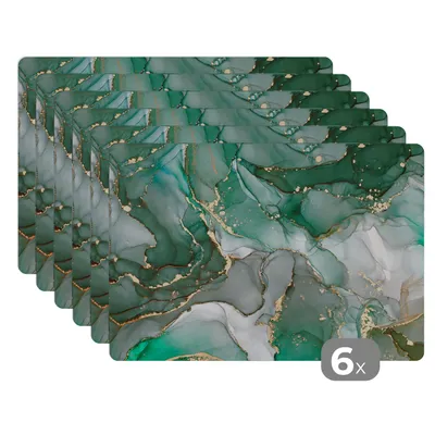 Obrázok produktu pre MuchoWow® Podložky Sada 6 podložiek Umývateľné podložky 30x45x0.3cm Zlatá - Mramor - Zelená - Luxusná - Mramorový vzhľad - Sivá Podložka pod stôl