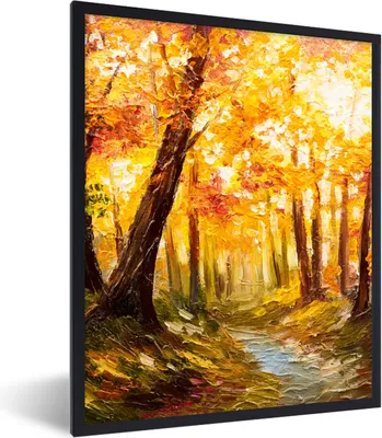 Produktbild von MuchoWow® Gerahmtes Poster Gemälde - Herbst - Wald - Ölgemälde 60x80 cm - Poster mit Schwarzem Bilderrahmen Wandposter Rahmen Foto Bilder - Premium - Wanddeko Wohnzimmer
