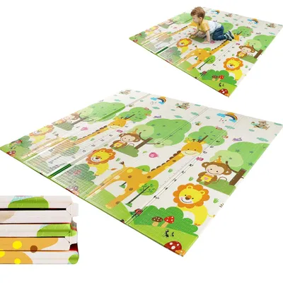 Produktbild von Babyzimmer-Bodenmatte, 150 x 180 x 1 cm, isolierte Krabbelmatte, faltbar mit Aufbewahrungstasche, geruchsneutral, rutschfest, extra groß, wendbar