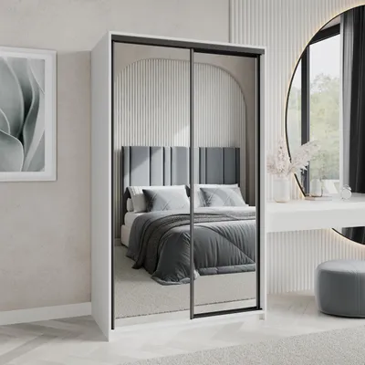 Produktbild von Masseno Schiebetürenschrank RIEN 120/205/60 cm Kleiderschrank mit Schubladen Schlafzimmer Schrank 2-türig mit Spiegel Weiß + Schwarz
