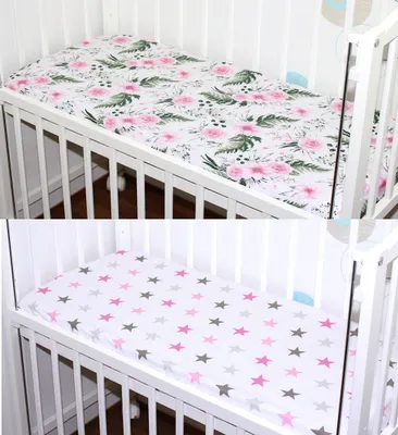 Produktbild von Spannbettlaken 2er- Pack für Baby Beistellbett Wiege Bettlaken 40x90 Baumwolle - 6. Flowers + Star Rosa