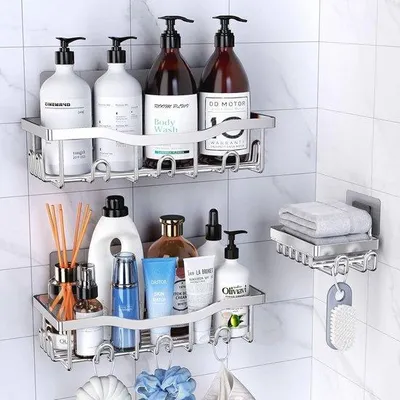 Produktbild von Famanu Duschcaddy 3er Set - Badezimmeraccessoire ohne Bohren, Seifenspender Set, Wandmontage, Silber