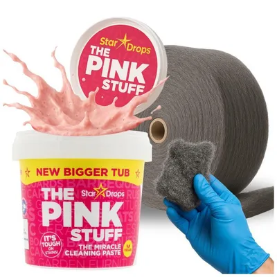 Produktbild von The Pink Stuff Reinigungspaste 850g + WOOLTEC Stahlwolle 1kg 0+00 Set – Universalreiniger & Polierwolle gegen Fett, Eingebranntes, Rost, Kalk – Küche