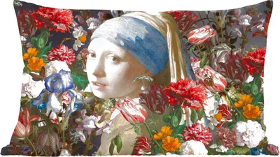 Produktbild von MuchoWow® Zierkissen Sofakissen Wohnzimmer Dekokissen 50x30 cm Das Mädchen mit dem Perlenohrring - Johannes Vermeer - Blumen - Wohnzimmerdekoration - Polster mit Photo