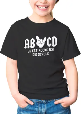 Produktbild von Kinder T-Shirt Mädchen Jetzt rocke ich die Schule Comichand AB/CD Geschenk zur Einschulung Schulanfang Moonworks® schwarz 110-116 (5-6 Jahre)