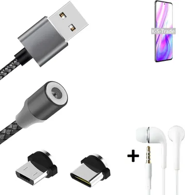 Produktbild von K-S-Trade® Hochwertiges Magnet-Lade-kabel Sync-Kabel Daten-Kabel + Kopfhörer kompatibel mit ZTE S30 Pro mit USB-Typ-C-Anschluss und