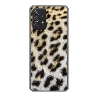 A close-up view of a phone case with a leopard print pattern.
