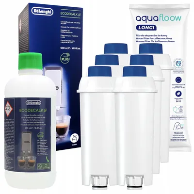 A collection of coffee machine cleaning and maintenance products, including a bottle of descaler and multiple water filter cartridges, arranged against a white background.