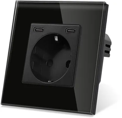 Productafbeelding van Inbouw Stopcontact met 2 USB-C Poorten (20W) en Schuko - Wandcontactdoos met Glazen Paneel