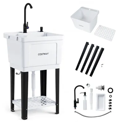 Zdjęcie produktu dla Zlewozmywak COSTWAY, umywalka z półką, ociekaczem, baterią obrotową o 360° i zestawem odpływowym, zlewozmywak kuchenny z tworzywa sztucznego i metalu, wymiary: 50,5 x 48 x 120,5 cm
