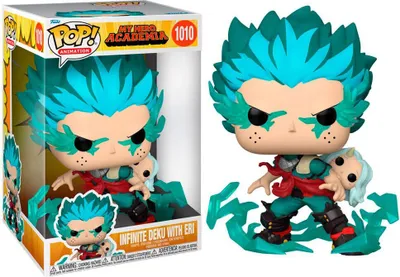 A Funko Pop! vinyl figure of Deku from My Hero Academia in his Infinite Deku form, holding Eri. The figure is shown both in its packaging and outside of it.