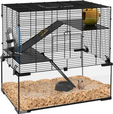 Produktbild von Hamsterkäfig - Nagerkäfig - Glasrückwand - Metall - Maße 60 × 40 × 54,5 cm - Schwarz