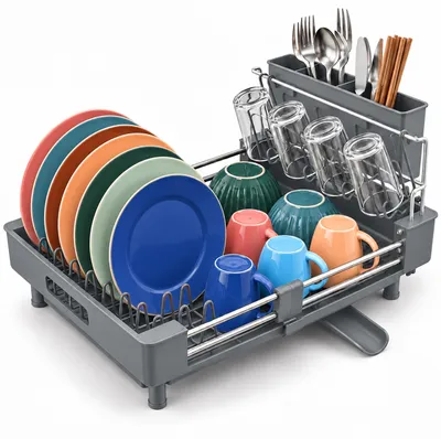Imagen del producto de Relaxdays, escurreplatos, cesta para cubiertos y recipiente para escurrir, soporte para vasos, extensible, rejilla para escurrir, fabricado en PP y acero inoxidable, color gris, Imagen generada por IA