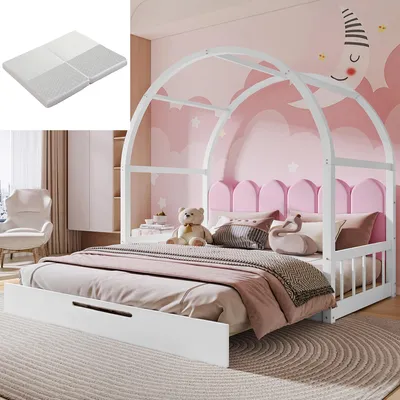 Produktbild von (Mit Matratze)Erweiterbares Gewölbtes Dachbett, Schiebebett, Kinderbett, Tagesbett, Doppelbett, Samtkissen, Rahmen aus Kiefernholz, Weiß+Rosa (140x100cm&140x200cm)