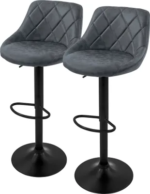 Two gray bar stools with black bases and footrests are shown against a white background.
