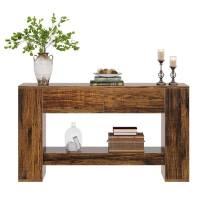 Produktbild von Tribesigns Konsolentisch mit 2 Schubladen, 140 cm, Holz-Sofatisch hinter der Couch, 2-stufige Eingangskonsole für Eingang, Korridor, Wohnzimmer, Flur