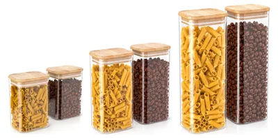 Productafbeelding van Arendo set van voorraadpotten met bamboe deksel, in 3 maten: 2 x 1200 ml, 2 x 1600 ml en 2 x 2250 ml, luchtdicht, rechthoekige glazen containers van borosilicaatglas, 6 stuks, transparant