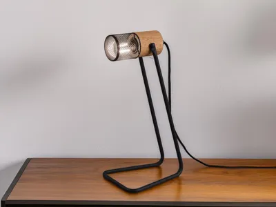 Produktbild von Industriedesign Nachttischlampe coole Jugendzimmer Gitterlampe mit Holzsockel