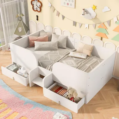 Produktbild von okwish Tagesbett 90x200 mit 2 Schubladen und Sicherheitsleiter, Kinderbett mit Sicherheitsgitter,Einzelbett in Weiß,ohne Matratze