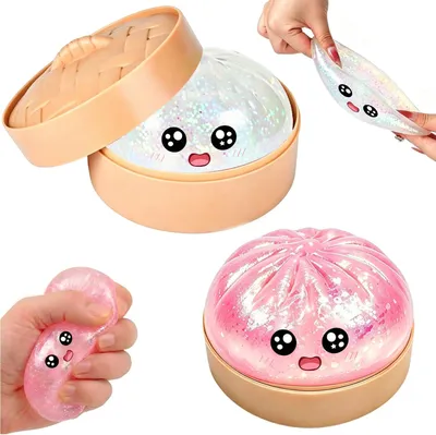 Produktbild von 4 Stück Dumpling Squishy Fidget Toys mit Emoji-Design, Weiche Knautschspielzeuge für Kinder und Erwachsene, Langsam Rückfedernde Squishies mit Glitzer