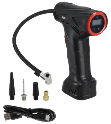 Productafbeelding van Draadloze luchtpomp, 1500 mAh, met verschillende ventieladapters, manometer, LED-display, instelbare doeldruk, ingebouwde batterij, automatische uitschakeling, USB-C-aansluiting