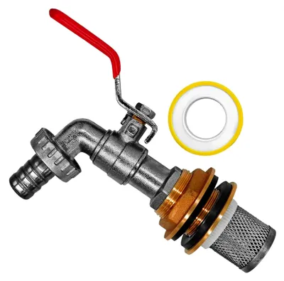 Produktbild von Regentonnendurchführung mit 2 Dichtungen für Lochdurchmesser 27 mm, Edelstahlfilter, Hahn, Schlauchtülle Außendurchmesser 15 mm und Dichtband
