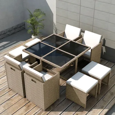Produktbild von vidaXL 9-tlg. Garten-Essgruppe mit Auflagen Poly Rattan Beige