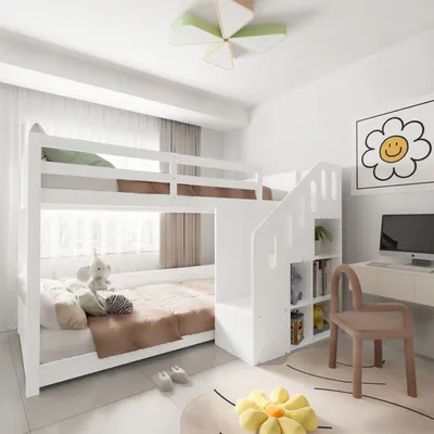 Obrázek produktu pro okwish patrová postel 90x200cm se schody a skříňkami, podkrovní postel s ochranou proti vypadnutí, dětská postel pro mládež s roštovým rámem, rám postele z masivu, bílá barva