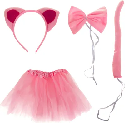 A pink, four-piece cat costume set laid out against a white background.