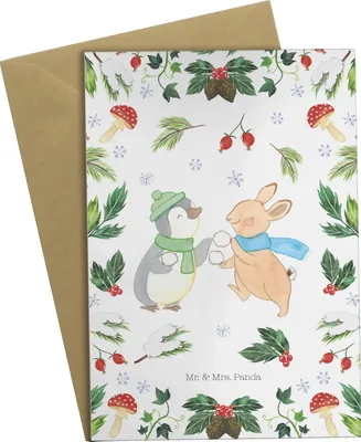 Produktbild von Mr. & Mrs. Panda Glückwunschkarte Pinguin Hase Schneeballschlacht - Weiß - Geschenk, kommunionskarte, Beileidskarte, einladungskarten, weihnachtskarten, glückwunschkarten
