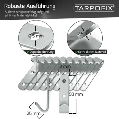 Immagine prodotto di Ganci per teloni Tarpofix® (20 pezzi) - Ganci per reti 50x13x2,5 mm in acciaio zincato - Ganci per rimorchi per il fissaggio di teloni e reti per rimorchi