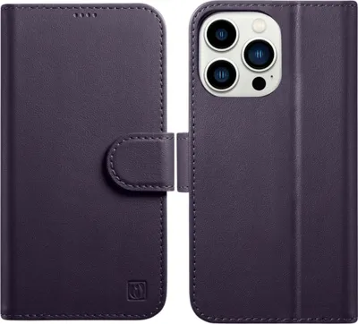 A dark purple iPhone 14 case is shown open, revealing the phone's camera module and the inside of the case.