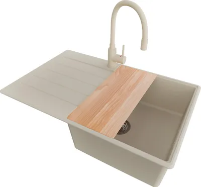 Produktbild von PRIMAGRAN Granitspüle Beige 78x50cm, Spülbecken 1 Becken + Küchenarmatur 38x14cm + Ablauf-Set + Schneidebrett, Küchenspüle ab 50er Unterschrank - Kopenhagen