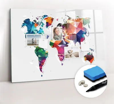 Produktbild von Magnetpinnwand Memoboard - Zubehörsatz - Schwarzer Marker + Schwamm + Magnete - 100 x 70 cm - Weltkarte mit Dreiecken