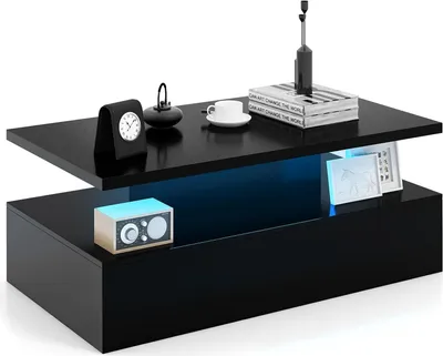 Produktbild von GOPLUS Couchtisch mit LED-Beleuchtung, Wohnzimmertisch mit Verstellbarer Lichtfarbe, Kaffeetisch Schwarz Hochglanz, Couchtisch mit Fernbedienung für Wohnzimmer