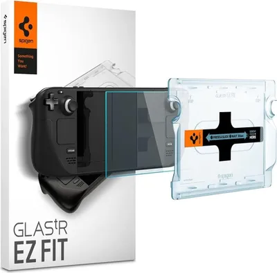 A Spigen Steam Deck screen protector kit, including the packaging, the screen protector, and an application tool.