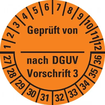 Produktbild von Dreifke® Prüfplakette von-nach DGUV Vor.3,27-36,orange,Dokufolie,Ø 25...