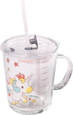 Produktbild von Intirilife Kinder Trinkbecher transparent mit Deckel, Skala und Strohhalm mit Einhorn Design - 400 ml - Trinkglas Kinderglas Kinderbecher mit Henkel mit süßem Motiv, sicheres Trinken ohne Verschütten