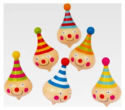 Produktbild von Kreisel Clown im 6er Set aus Massivholz mit buntem Clownsgesicht, Motorikspielzeug, 5 x 3,5 x 3,5 cm