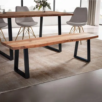 Image de Banc de salle à manger FineBuy 160 cm en bois massif d'acacia / métal avec bordure naturelle Banc de table à manger Banc en bois massif sans dossier Banc de cuisine Banc de salle à manger Banc de salle à manger
