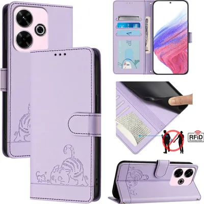 Obrázek produktu pro Kožené pouzdro pro Xiaomi Redmi 13 / Note 13R, sladká kočka Flip pouzdro s funkcí stojánku a peněženkou Fialová