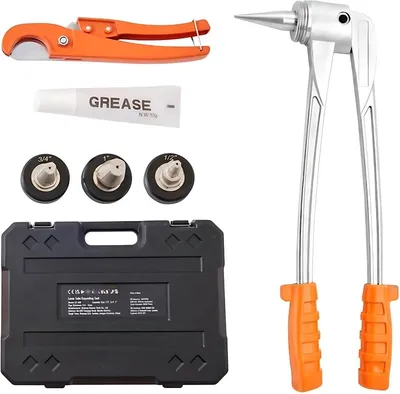 Zdjęcie produktu dla Zestaw rozszerzaczy do rur PEX – poręczny rozszerzacz do rur z 3 matrycami i obcinakiem do rur – grubość ścianki 0,5–2 mm – 1/2", 3/4", 1"