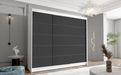 Produktbild von Kleiderschrank Netro VII 250 cm - Groß Schwebetürenschrank, Schiebetürenschrank mit Kleiderstange und Einlegeboden, Schlafzimmerschrank, Schiebetüren, 250x215x58 cm (Weiß/Schwarz)