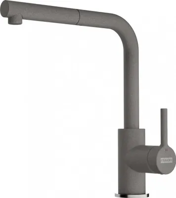 A gray kitchen faucet on a white background.